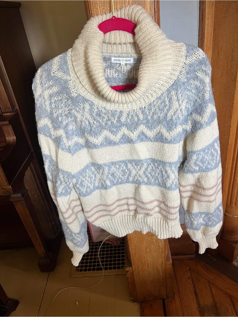 Woven Heart Cream, Light Blue & Tan Patterned Cowl Neck Sweater